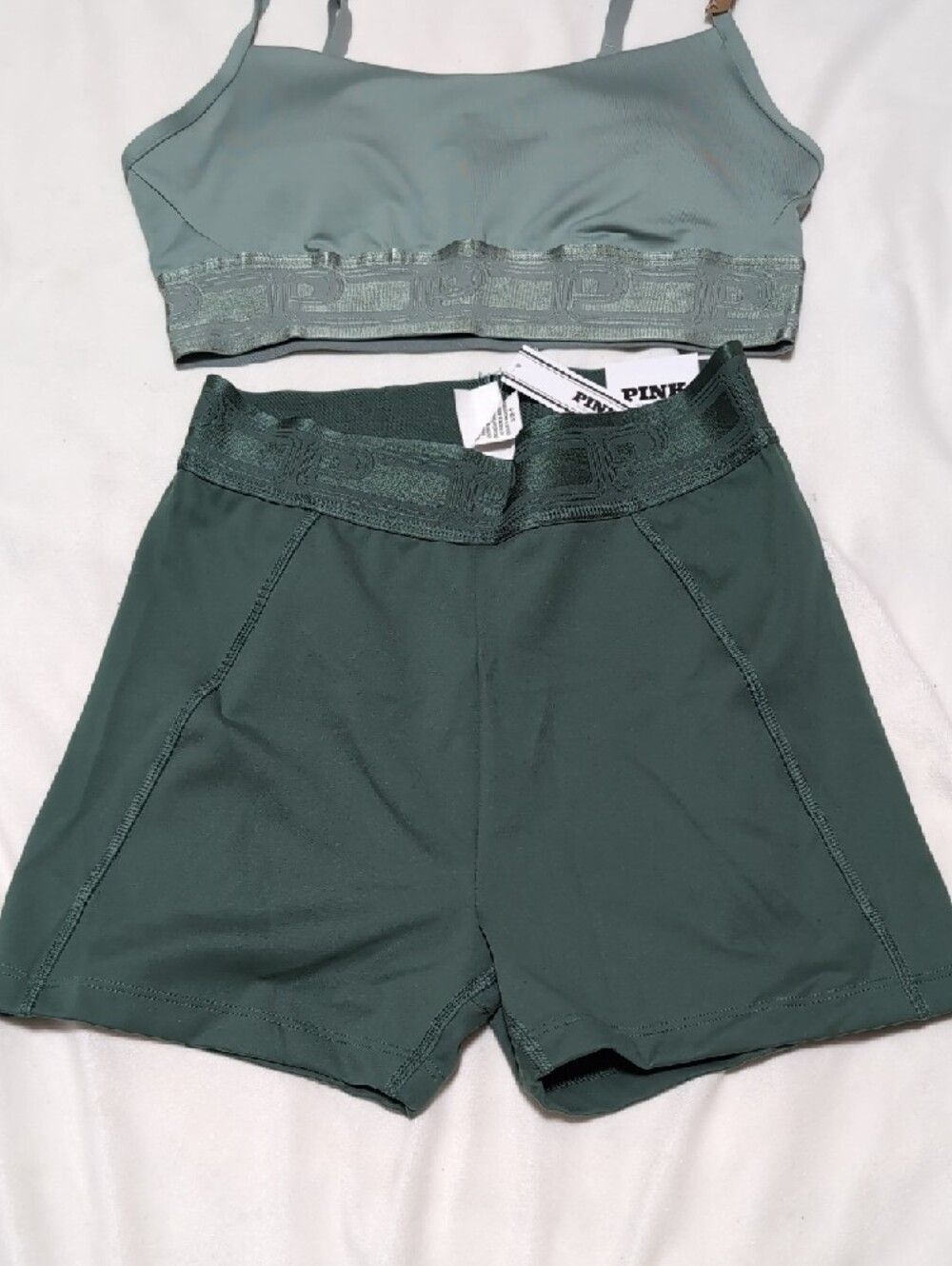 PINK Victoria's Secret Sage Green Active Bra Top Bike Shorts Workout Outfit - Picture 3 of 12